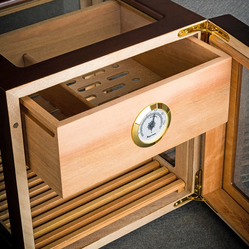 Large Cigar Box Display Box Humidor Glass Side for 50 Cigars with Cigar Hygrometer & Humidifier Wooden Cigar Humidor CH-020