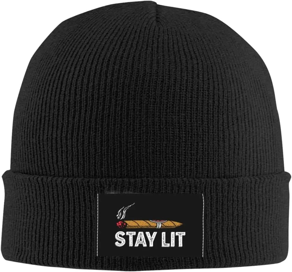 Black "Stay Lit" Cigar Beanie Hat For Men Women With Design Winter Slouchy Knit Skull Cap.